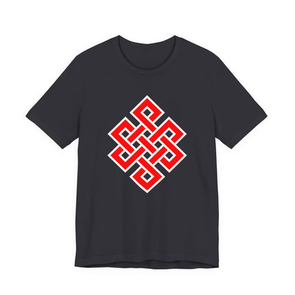 Black t-shirt featuring a red Endless Knot Buddhist symbol graphic.