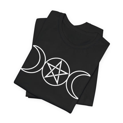 Triple moon and pentagram symbol graphic on a black t-shirt for pagan witchcraft apparel.