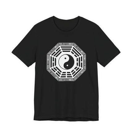 Black t-shirt featuring the Yin Yang symbol and the Bagua trigrams, representing Taoist and Chinese cosmic harmony.