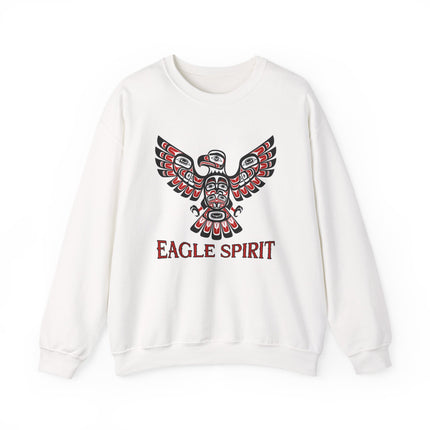 Tribal eagle art and "EAGLE SPIRIT" text printed on a white pullover sweatshirt.