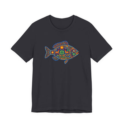 Vibrant Huichol Mexican folk art fish graphic on a black t-shirt.