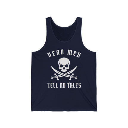 Dead Men Tell No Tales pirate skull graphic tank top with crossed swords.