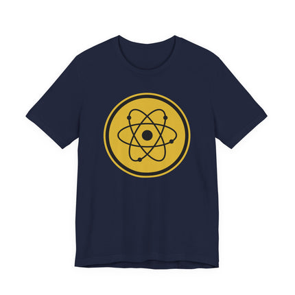 Atomic symbol graphic on a navy t-shirt, ideal for science, physics, or chemistry enthusiasts.