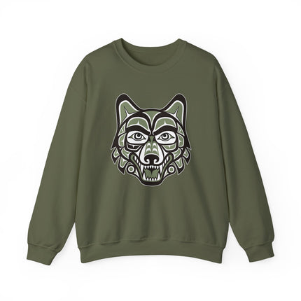 Pacific Northwest style wolf head graphic on an olive green spirit sweatshirt.