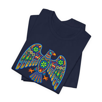 Vibrant Huichol art eagle graphic tee with colorful Mexican indigenous folk patterns.