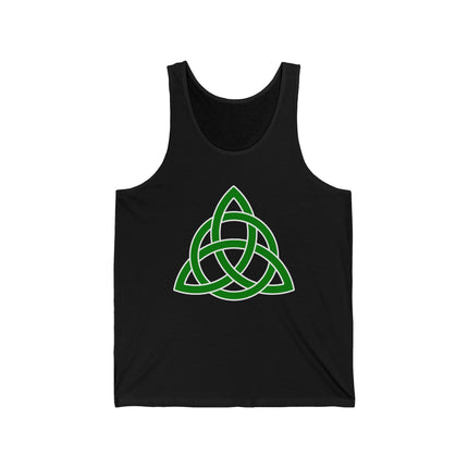 Green triquetra celtic knot design on a black unisex tank top.