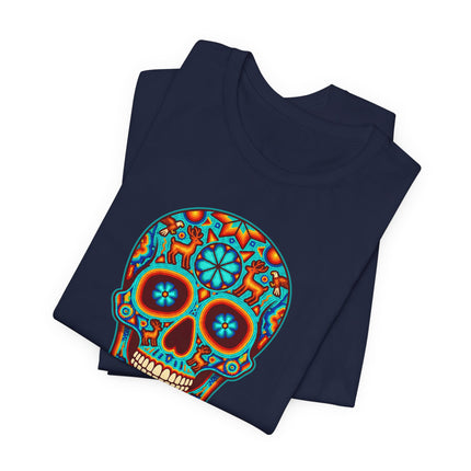 Vibrant Huichol sugar skull graphic tee, celebrating Día de los Muertos Mexican folk art design.