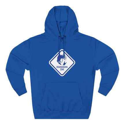Blue graphic hoodie with "Headbanging Zone" rock silhouette design.