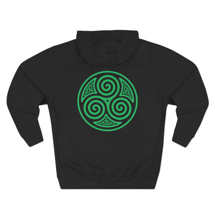 Celtic triskelion triple spiral design in green on a black pullover hoodie.