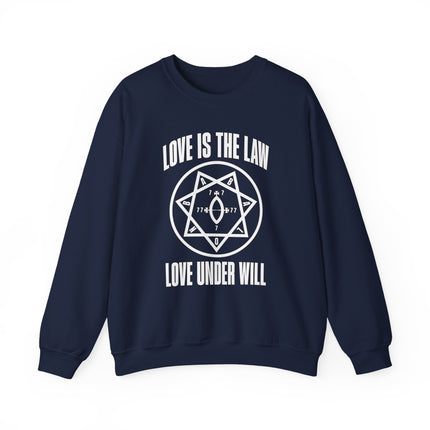 Love Is The Law occult sweatshirt featuring the hexagram symbol and esoteric text.