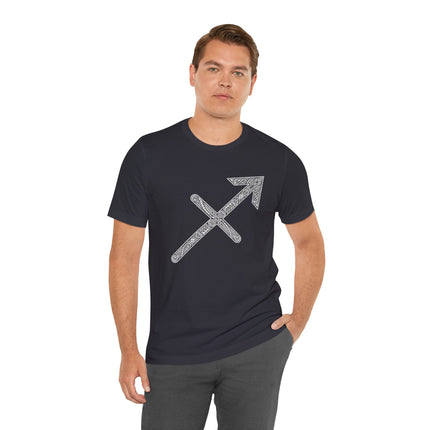 Sagittarius zodiac arrow tee featuring intricate Norse knotwork design.