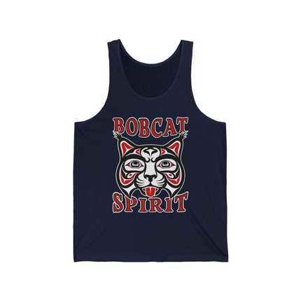 Tribal bobcat face art tank top featuring "Bobcat Spirit" in Pacific Northwest formline style.
