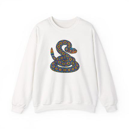 Geometric rattlesnake art on a colorful Huichol style pullover sweatshirt.