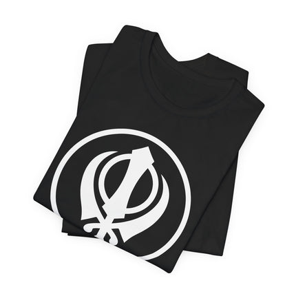 Khanda Sikh symbol graphic tee on a black shirt.