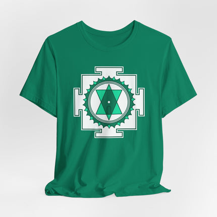 Tripura Sundari Yantra sacred geometry graphic tee on a green spiritual shirt.