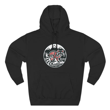 Raccoon Indigenous Art Hoodie | PNW Mountains Forest Wildlife Pullover Hoodie