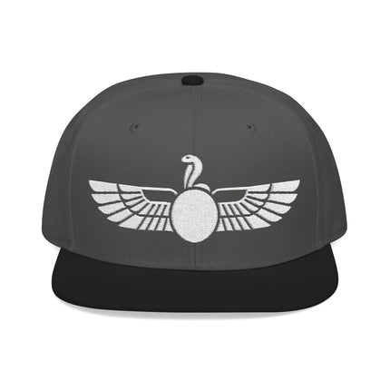 Black snapback hat featuring the Egyptian Uraeus winged cobra symbol embroidery.