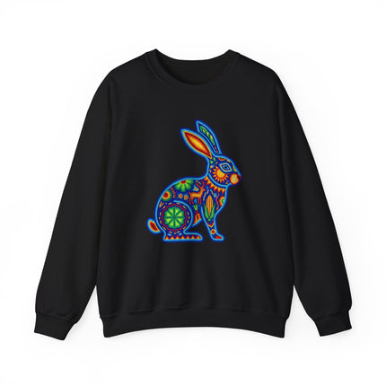 Mexican folk art rabbit sweatshirt featuring vibrant Huichol beaded design.