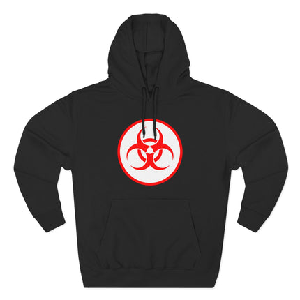 Black hoodie with a striking red biohazard symbol graphic. Danger warning streetwear apparel.