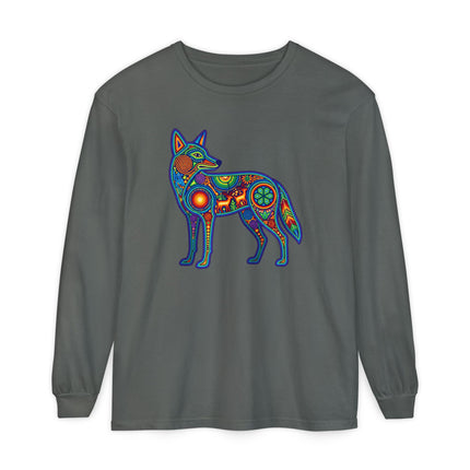 Huichol Coyote Long Sleeve T-Shirt | Multicolor Animal Art Tee