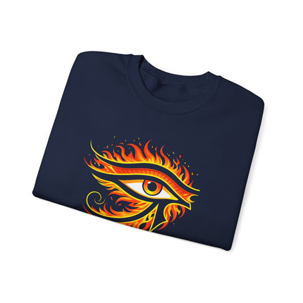 Fiery Eye of Ra graphic on a dark sweatshirt. Ancient Egyptian mythology design symbolizing power.