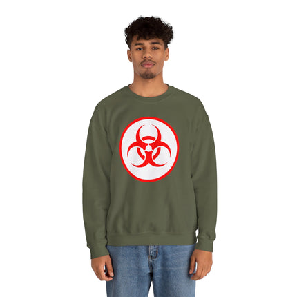 Olive green sweatshirt featuring a bold red biohazard warning symbol graphic.