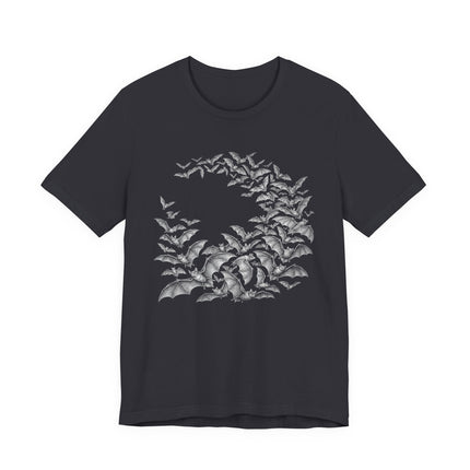 Gothic bat swarm graphic featuring a circular arrangement of nocturnal flying bats.