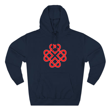 Red Celtic knot graphic on a navy blue unisex hoodie.