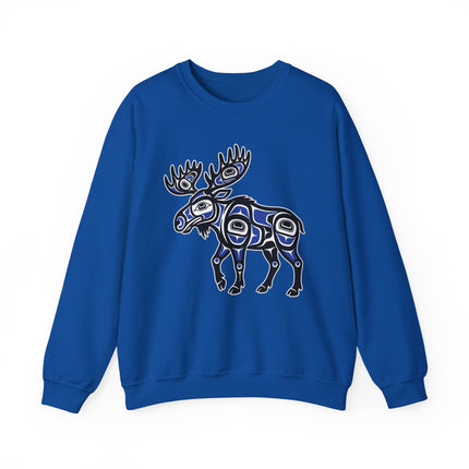 Blue sweatshirt featuring a stylized moose in Northwest Coast Indigenous art.