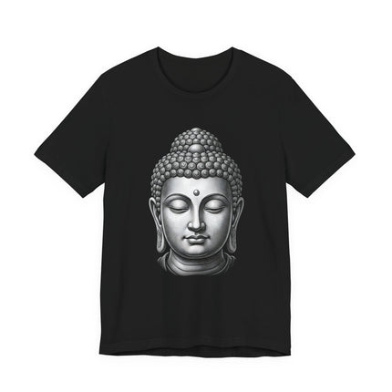 Black t-shirt featuring a grayscale illustration of a meditating Buddha head, symbolizing Zen and peace.