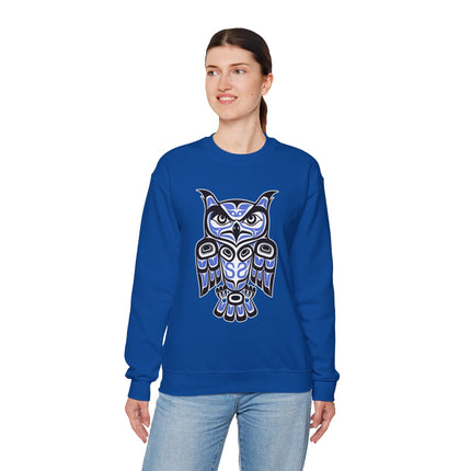 Blue sweatshirt featuring tribal Pacific Northwest owl formline art design.