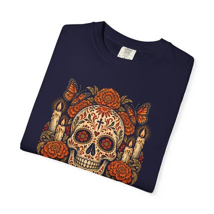 Nunca Te Olvido T-Shirt | Remembrance Skull, Flowers and Candles