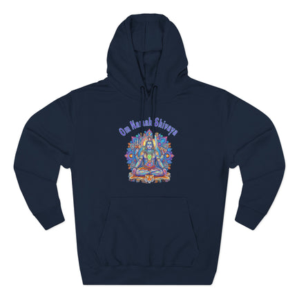 Colorful Lord Shiva meditation graphic with Om Namah Shivaya mantra on a spiritual hoodie.