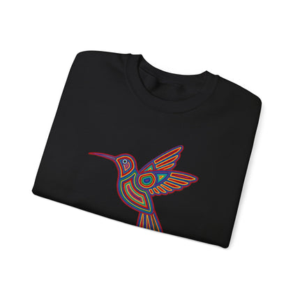 Vibrant Huichol hummingbird art print on a geometric indigenous sweatshirt featuring colorful patterns.