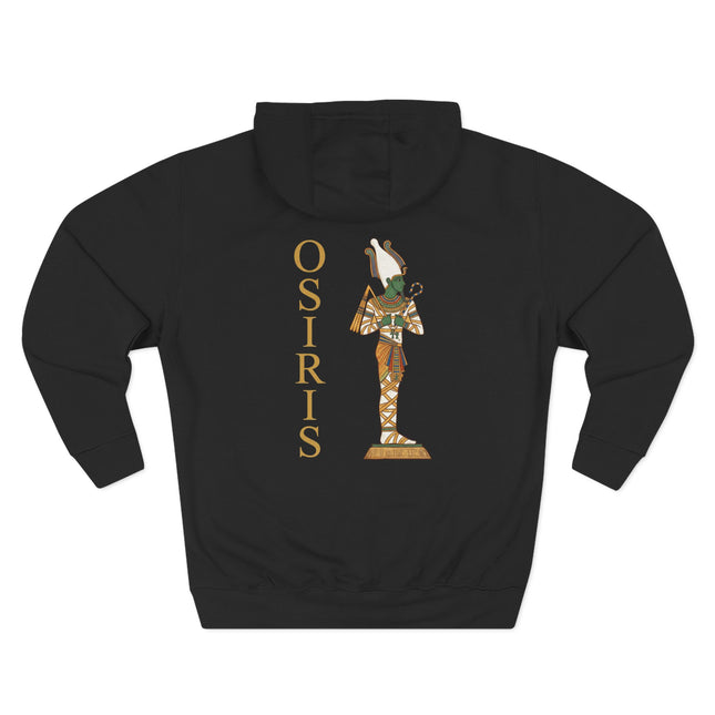 Black hoodie featuring a golden print of the Egyptian god Osiris and the name OSIRIS.