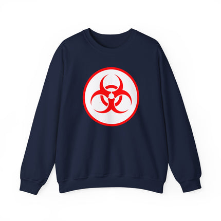 Black pullover sweatshirt featuring a bold red biohazard warning symbol graphic print.
