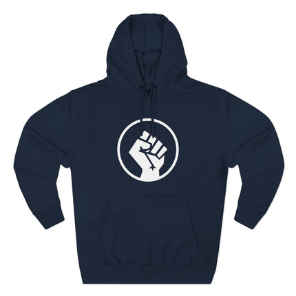 Dark hoodie featuring a white raised fist symbol, representing social justice and activist solidarity.