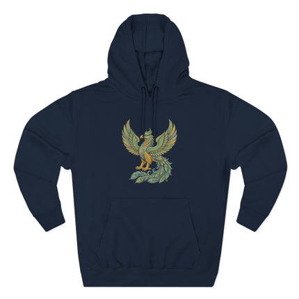 Mythological Homa bird phoenix graphic in gold and teal on a navy hoodie.
