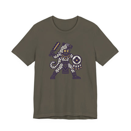 Aztec Jaguar Warrior T-Shirt | Blue and Gold Mesoamerican Graphic Tee