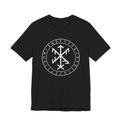 Viking Futhark rune t-shirt featuring the Success Bind Rune sigil and Norse symbols.