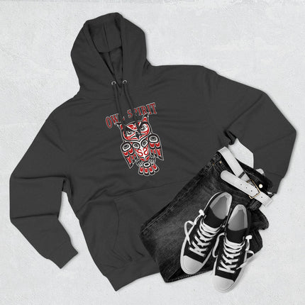 "OWL SPIRIT" Red & Black Indigenous Owl Hoodie | Pacific Northwest Art Hoodie
