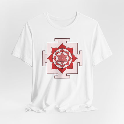 Sacred geometry yantra print featuring Hindu goddess symbolism on a white t-shirt.