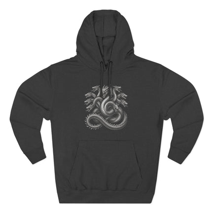 Multi-headed Hydra serpent graphic on a black unisex hoodie, featuring Greek mythology art.