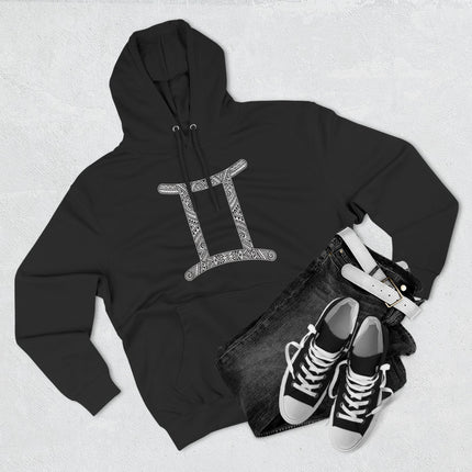Gemini zodiac symbol hoodie featuring a detailed tribal pattern for astrology lovers.