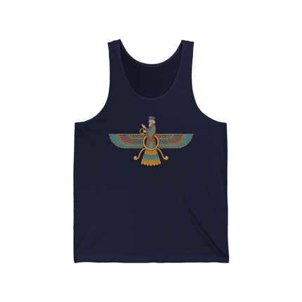 Faravahar symbol graphic on a navy tank top, representing Persian cultural heritage and Zoroastrianism.