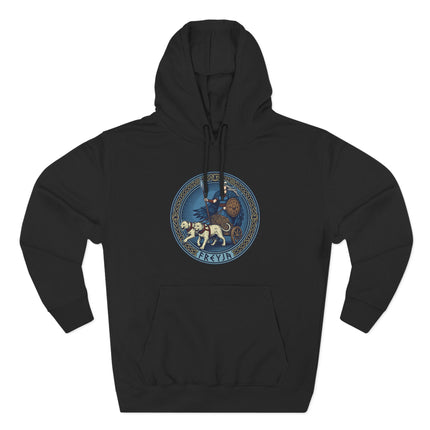 Norse Goddess Freyja chariot design on a black pullover hoodie featuring Viking mythology art.