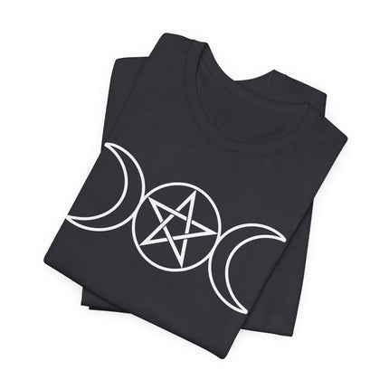 Triple moon and pentagram occult symbol graphic tee for pagan witchcraft apparel.
