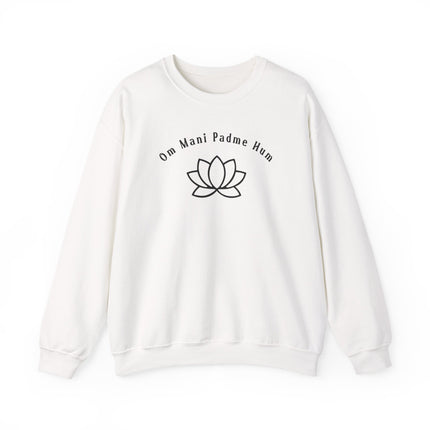 Om Mani Padme Hum lotus mantra design on a spiritual pullover sweatshirt.