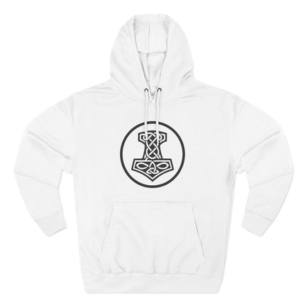 Viking knotwork symbol on a white hoodie featuring Norse mythology design.