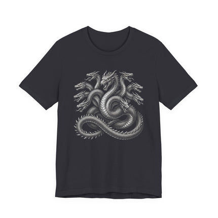 Greek Mythology Hydra dragon graphic on a black t-shirt.